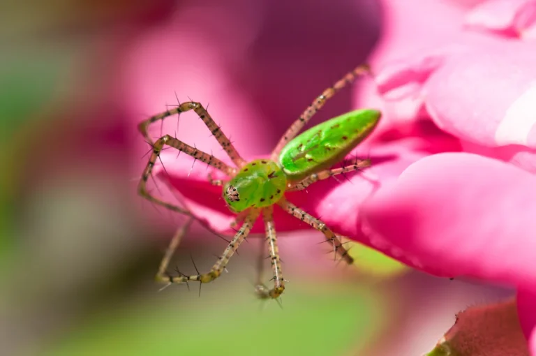 Aranha verde (aranha-lince Peucetia viridans) sobre flor — exemplo de aranha verde não perigosa